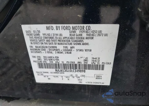 2020 Ford Ecosport Se from USA, damaged, VIN MAJ6S3GL0LC349898